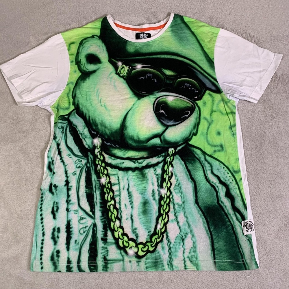 Hustle Gang Shirt Mens XL Green Biggie Bear Hip Hop Chain Graphic Tee Streetwear